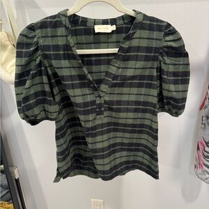 Madewell Black and Green Short Sleeve Puffed Blouse